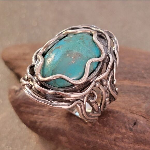 Shablool Didae Turquoise Sterling Waves Bead Filigree Ring - Picture 3 of 9